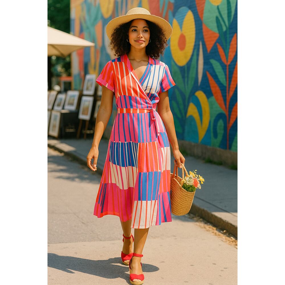 Hutch Colorblock Pink Blue Orange Wrap Midi Dress